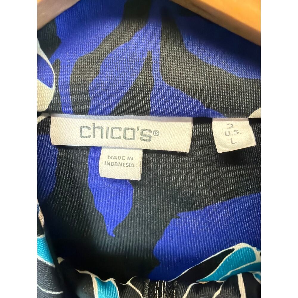 Chico’s Blue Black Floral Zip Neck Top Women’s Size L Long Sleeve Lightweight - Picture 2 of 7